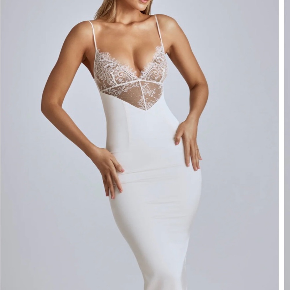 Oh Polly! Cadenza ivory satin midi dress with lace panel - Picture 5 of 15